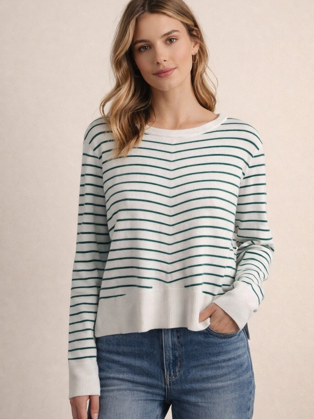Philosophy White and Green Striped Crew Neck Sweater